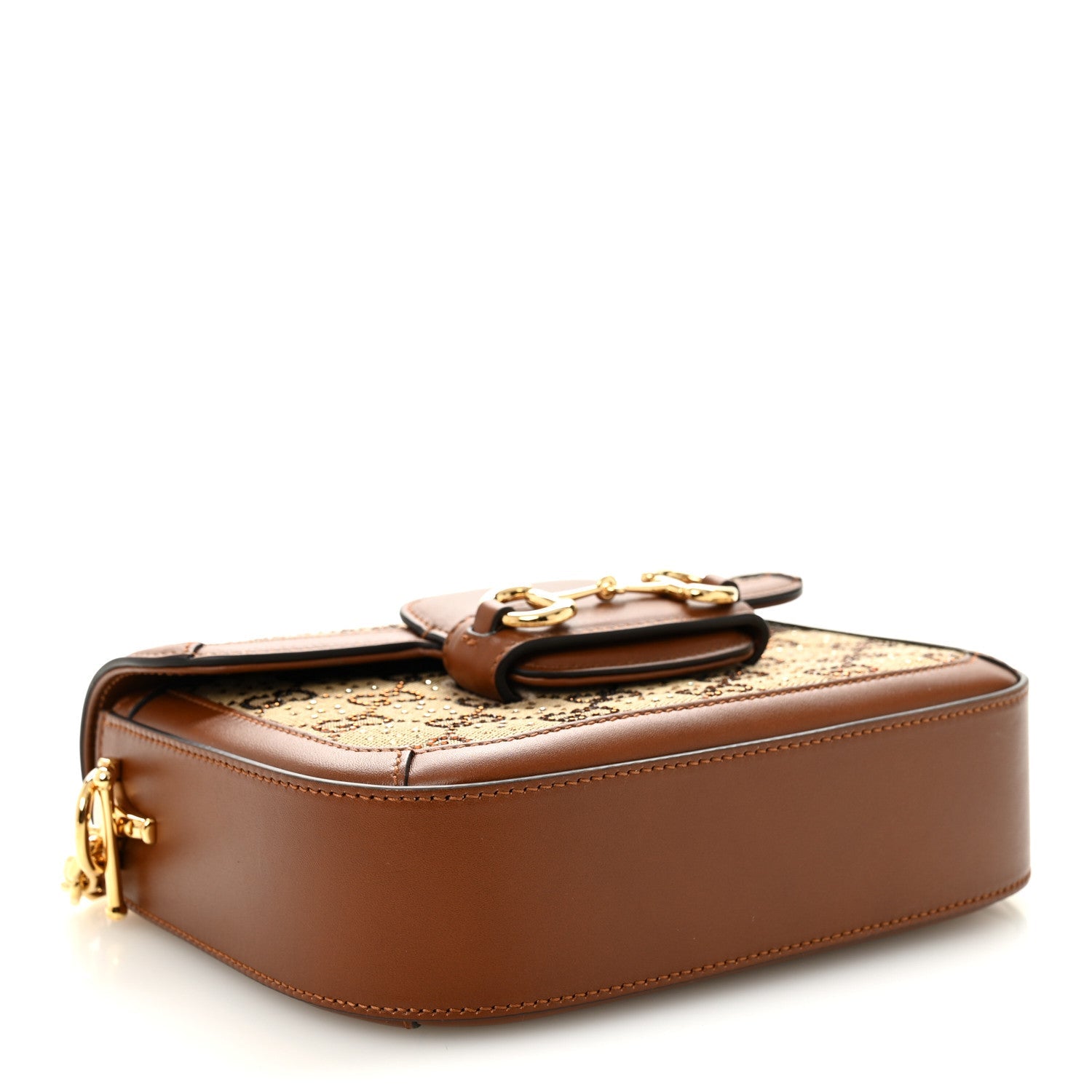 Gucci New Canvas Charisma Calfskin Crystal GG Monogram Mini Horsebit 1955 Shoulder Bag Camel Ebony