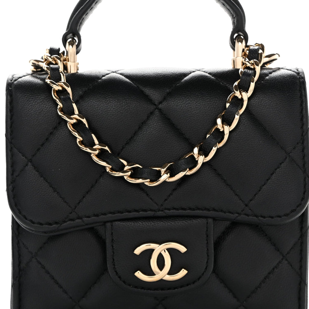 Chanel Lambskin Quilted Top Handle Flap Clutch With Chain Black