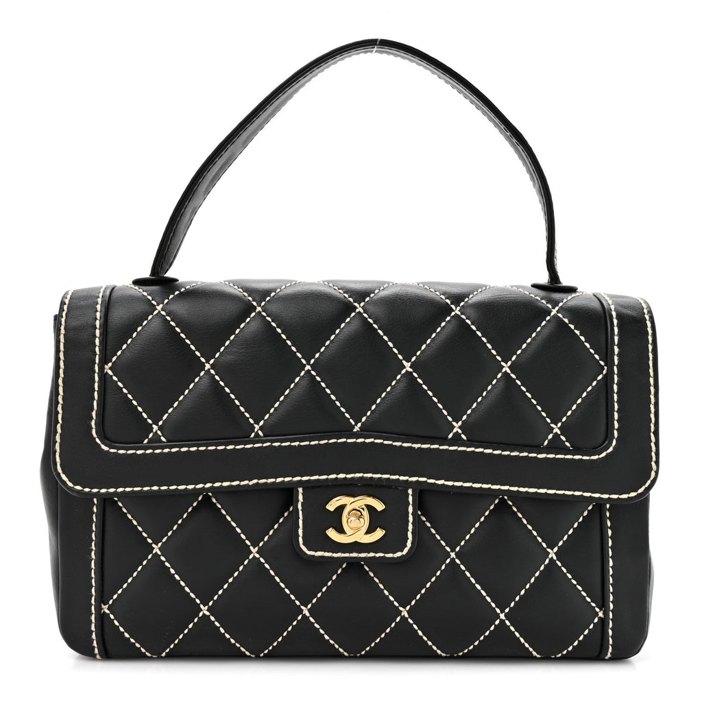 Chanel Calfskin Quilted Wild Stitch Large Top Handle Flap Black