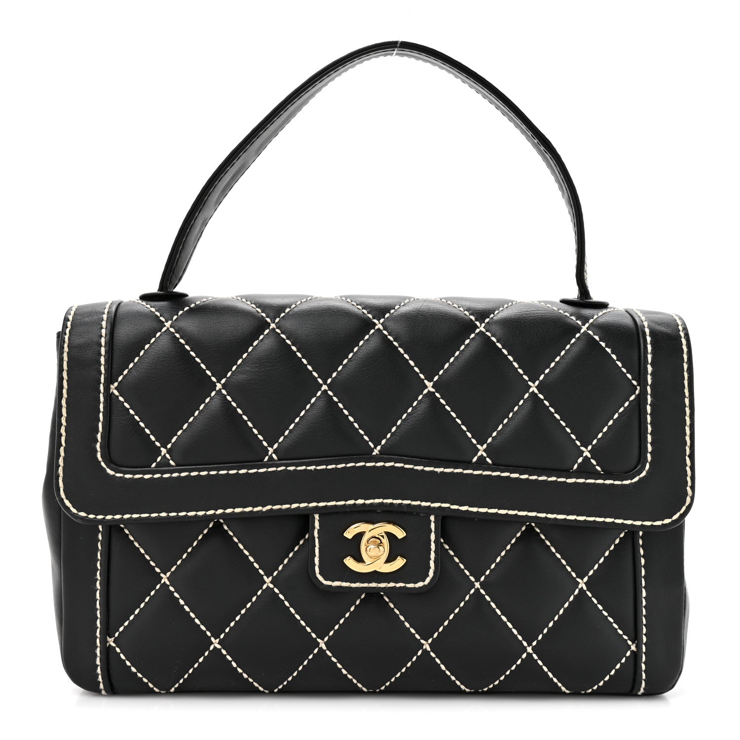 Chanel Calfskin Quilted Wild Stitch Large Top Handle Flap Black