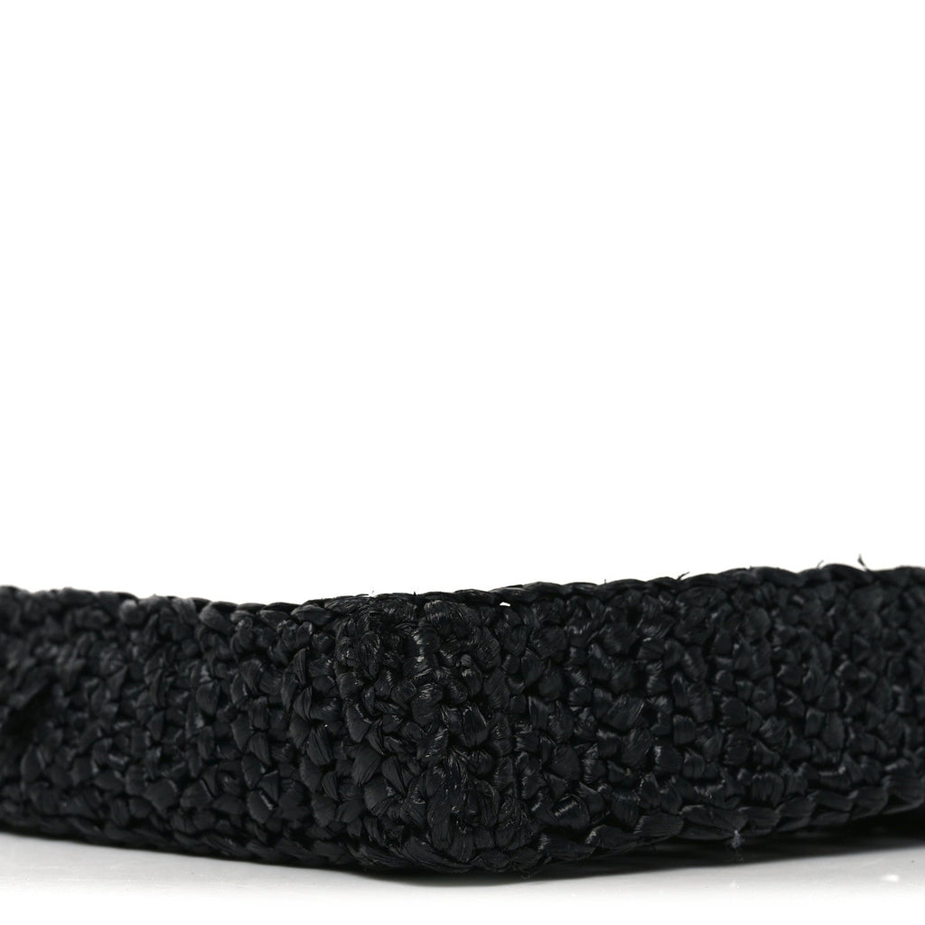 Prada Yarn Raffia Effect Crochet Logo Embroidered Tote Bag Black