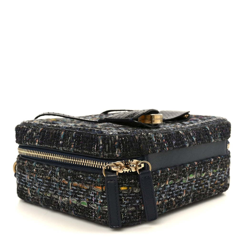 Chanel Tweed Snakeskin Quilted Medium CC Filigree Vanity Case Dark Navy