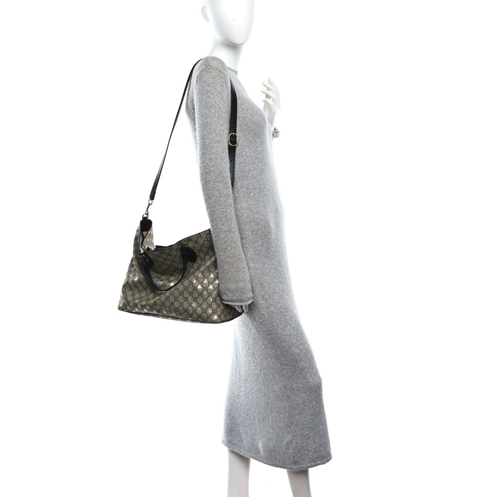 Gucci Soft GG Supreme Monogram Bees Medium Crossbody Tote Beige Oro Black