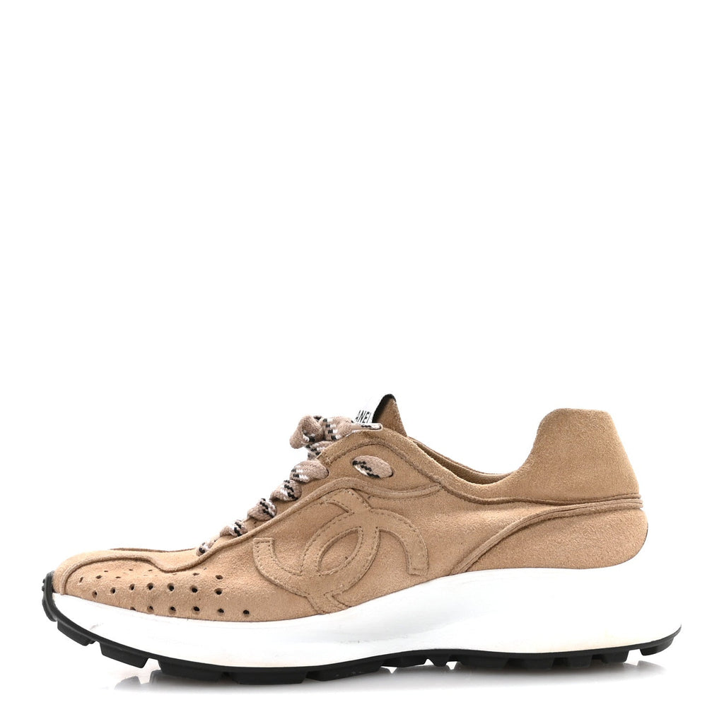 Chanel Suede Goatskin CC Sneakers 36 Dark Beige
