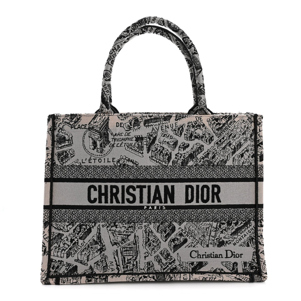 Christian Dior Canvas Embroidered Medium Plan De Paris Book Tote Grey Black
