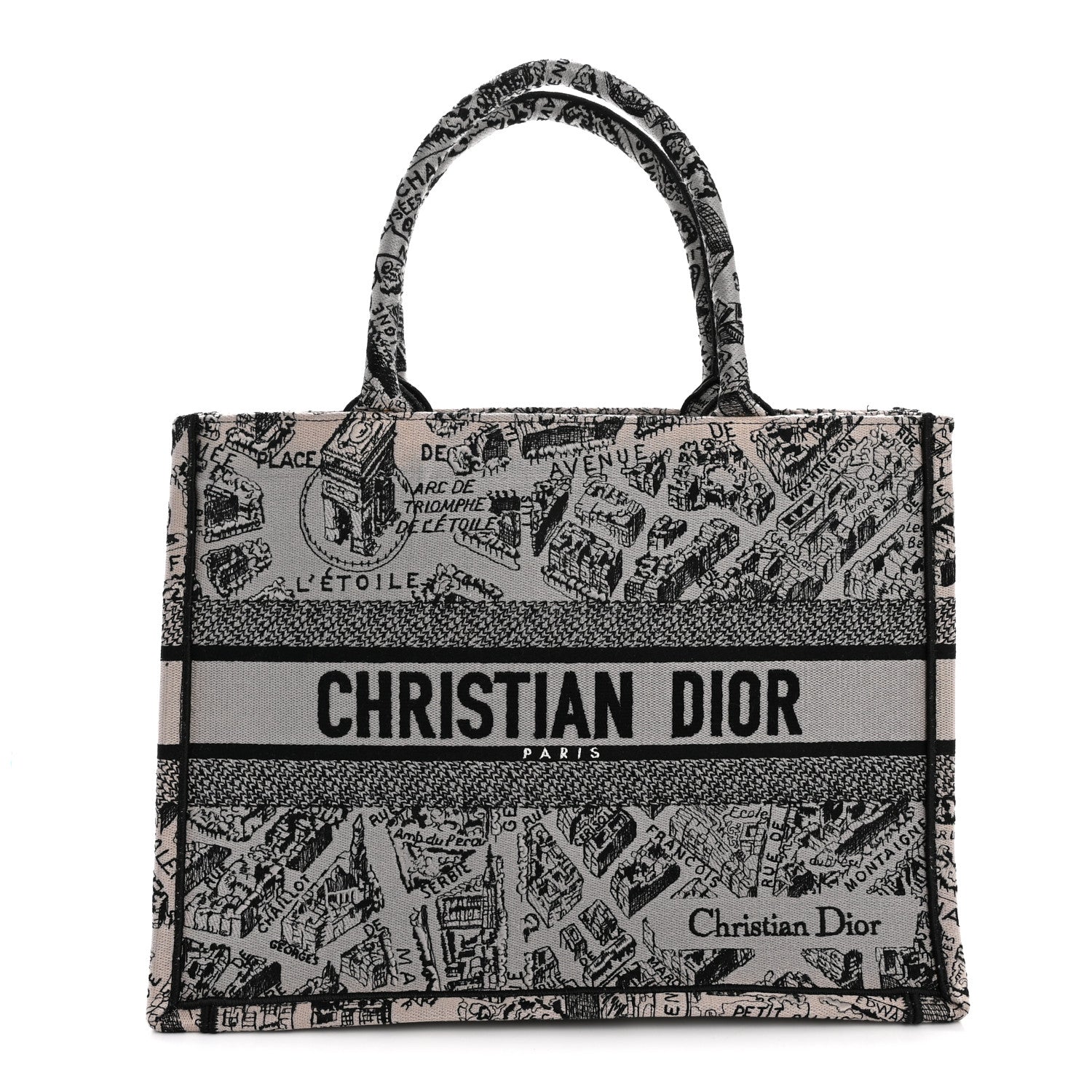 Christian Dior Canvas Embroidered Medium Plan De Paris Book Tote Grey Black