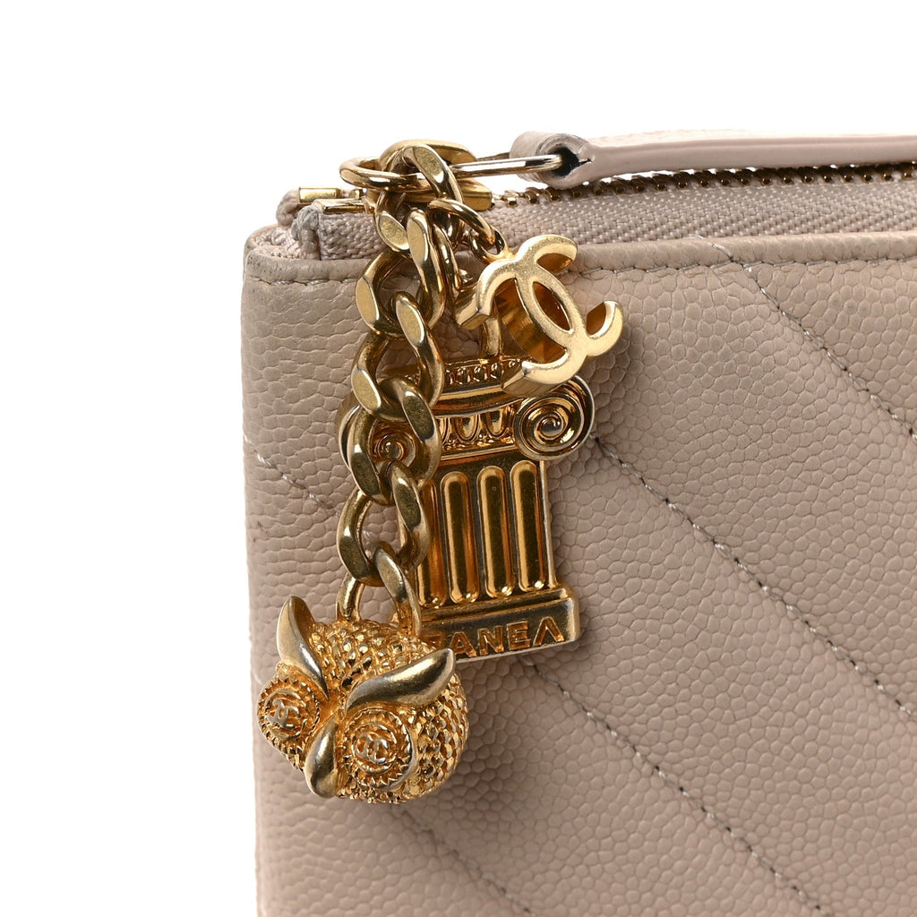 Caviar Chevron Quilted Medium Zip Pouch Light Beige