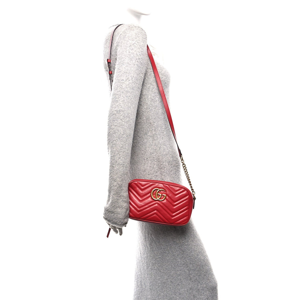 Gucci Calfskin Matelasse Small GG Marmont Chain Shoulder Bag Hibiscus Red