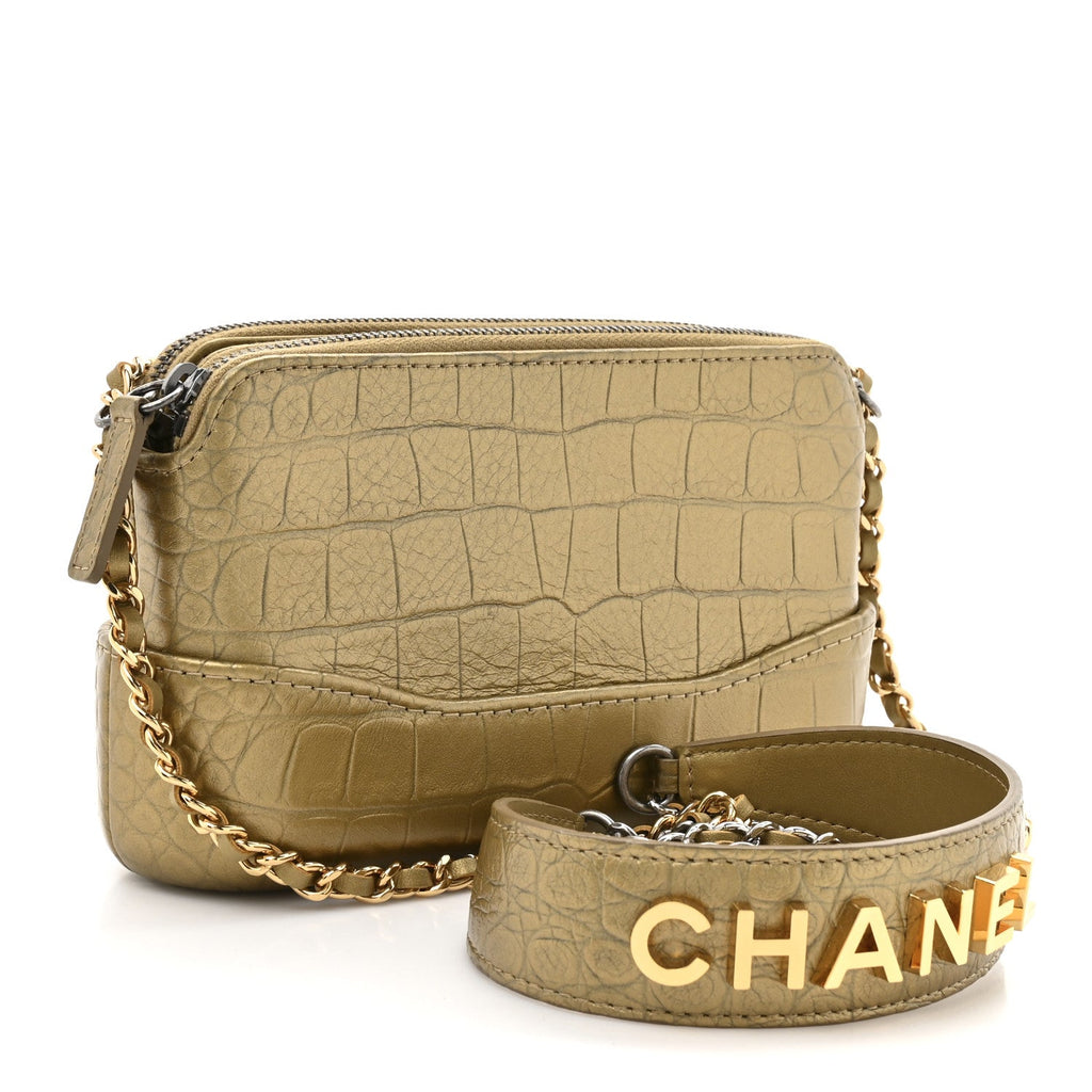 Chanel Metallic Calfskin Crocodile Embossed Small Gabrielle Clutch With Chain Gold