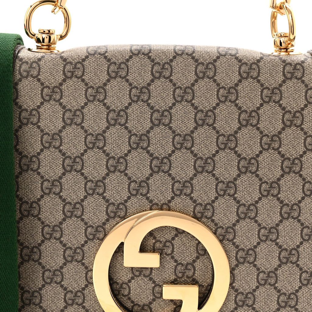Gucci GG Supreme Monogram Textured Dollar Calfskin Web Medium Blondie Top Handle Shoulder Flap Bag Beige Ebony New Acero