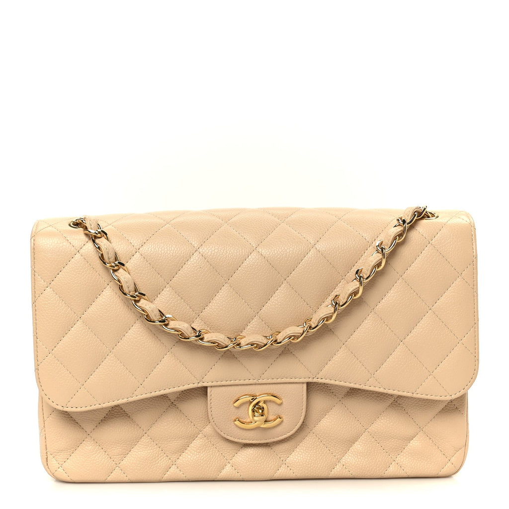 Chanel Caviar Quilted Jumbo Double Flap Beige