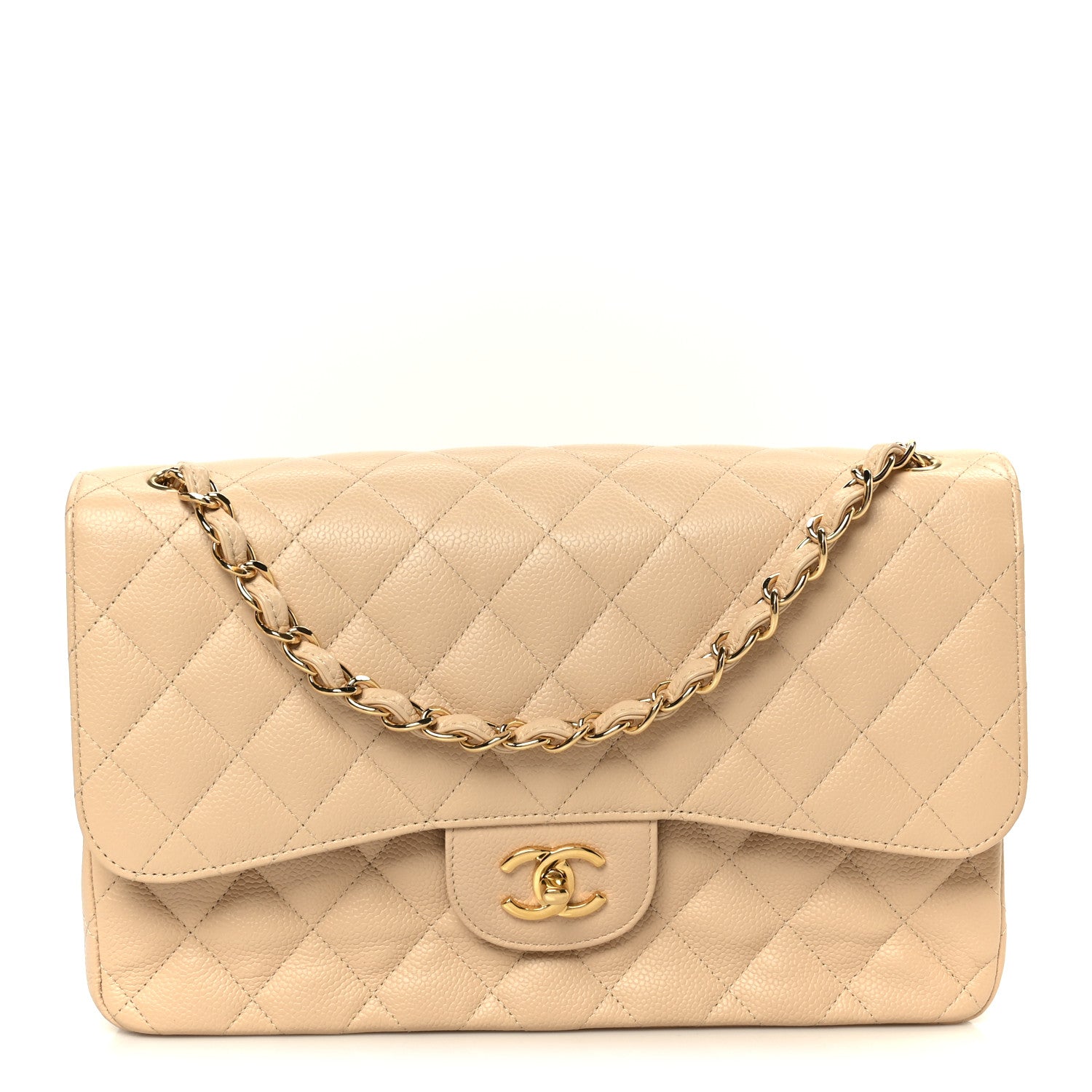 Chanel Caviar Quilted Jumbo Double Flap Beige