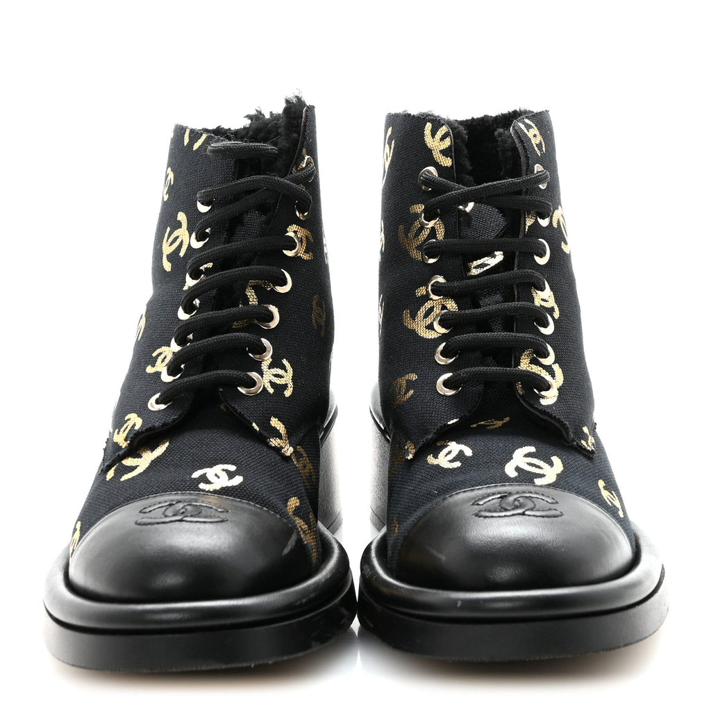 Lambskin Shearling Canvas CC Lace Up Boots 36.5 Black Gold