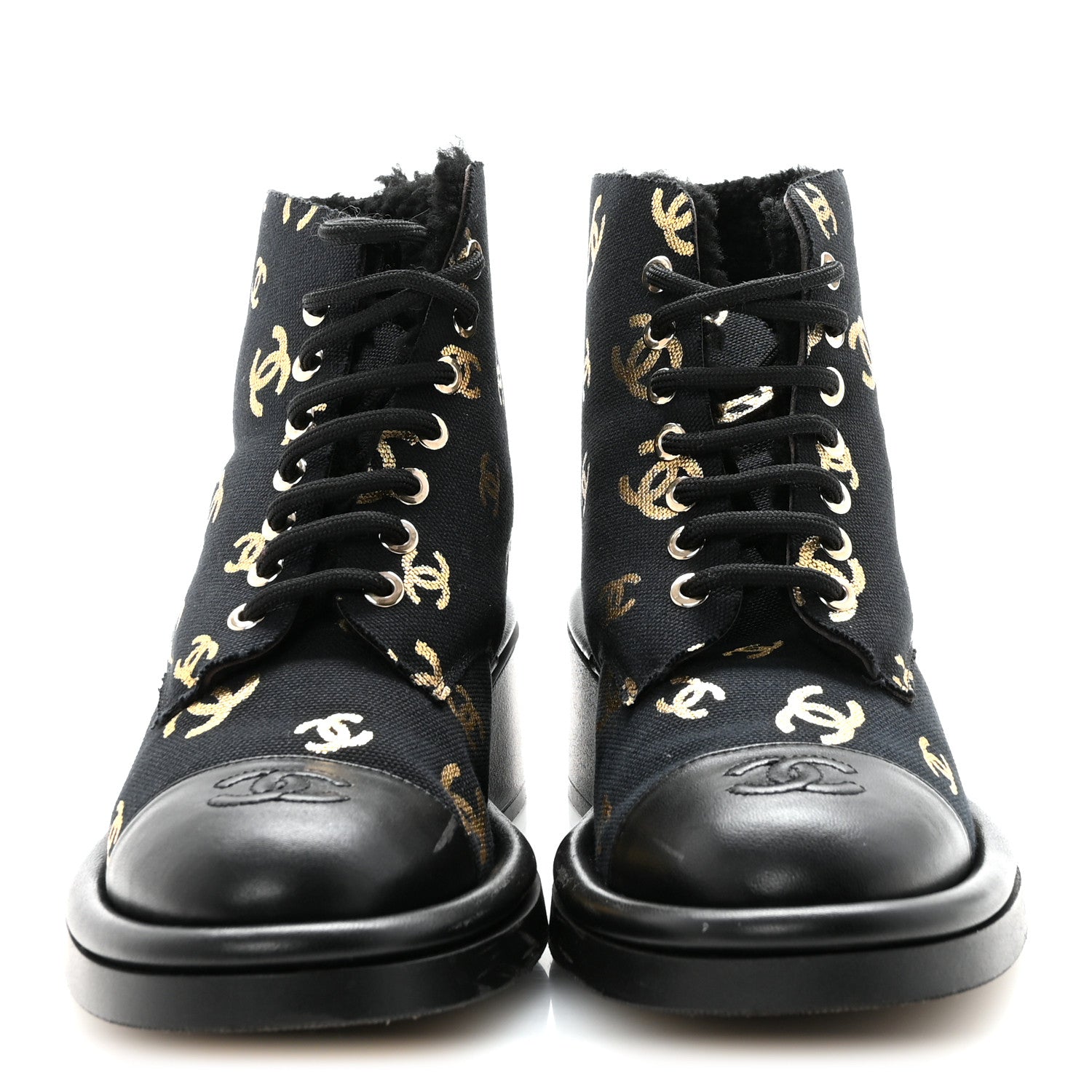 Lambskin Shearling Canvas CC Lace Up Boots 36.5 Black Gold