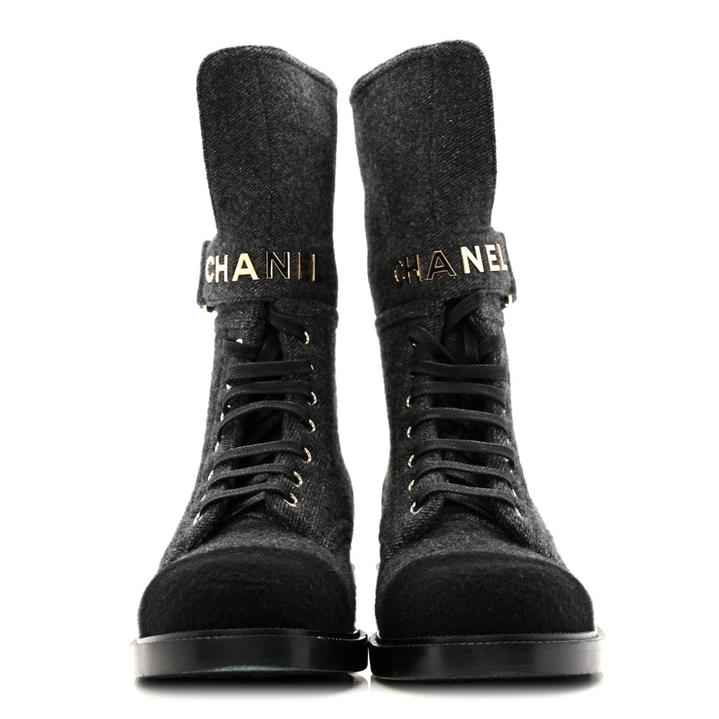 Chanel Tweed Lace Up Combat Boots 37.5 Dark Grey Black