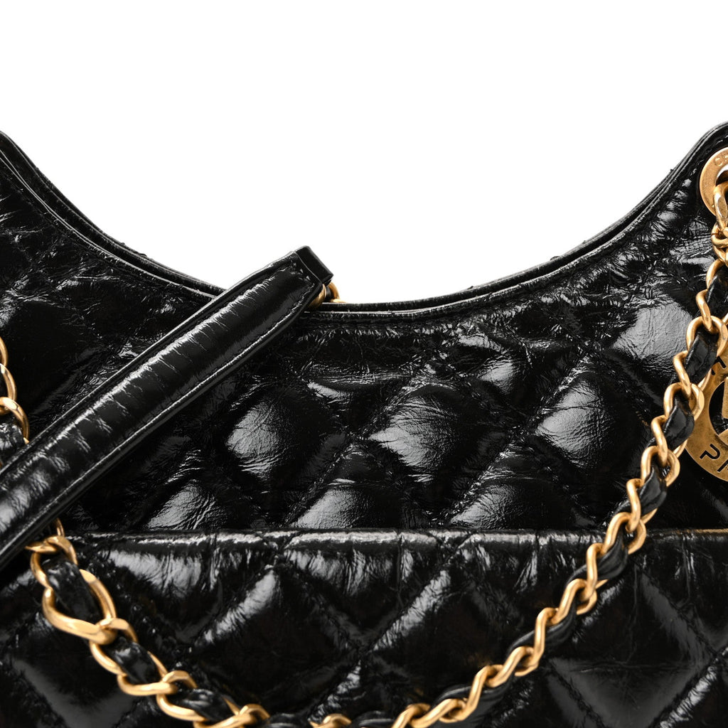 Chanel Shiny Crumpled Calfskin Quilted Wavy CC Hobo Black