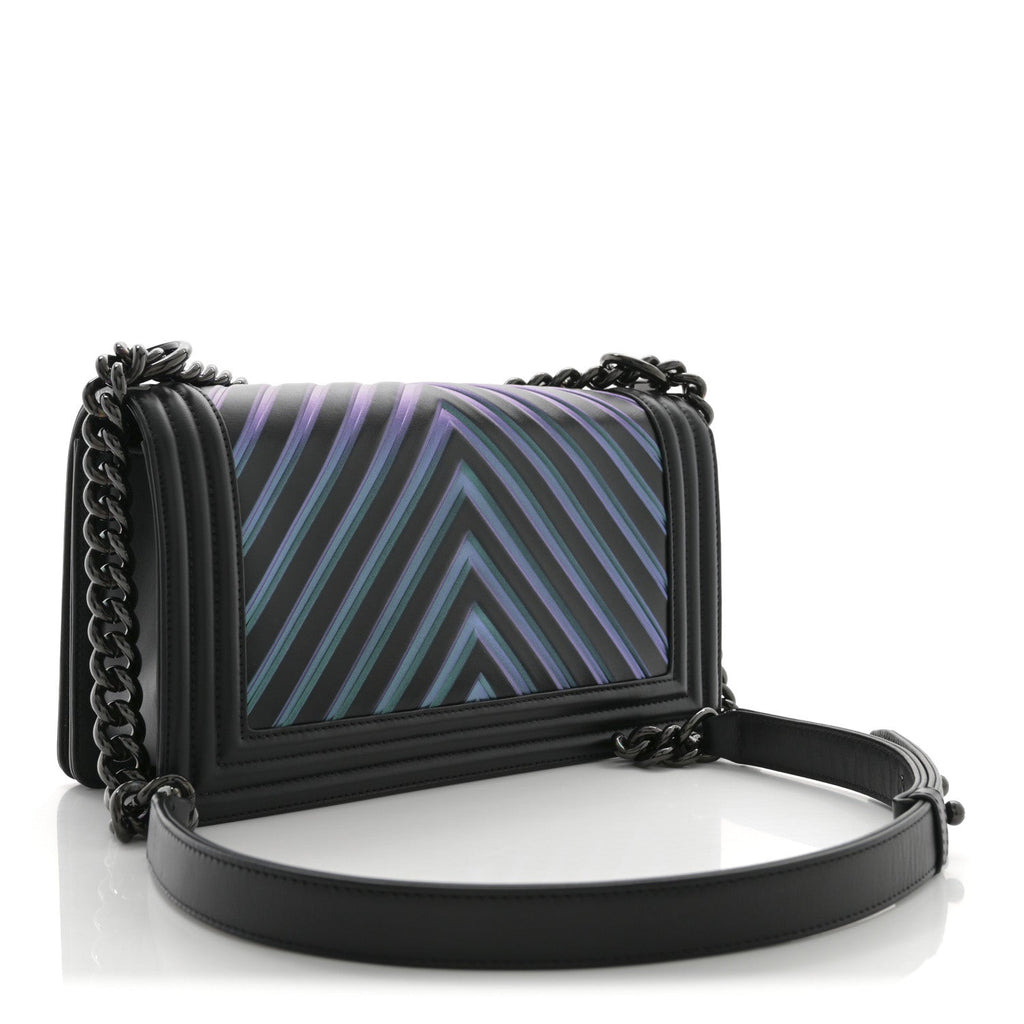 Chanel Calfskin Painted Chevron Embossed Medium Boy Flap Black