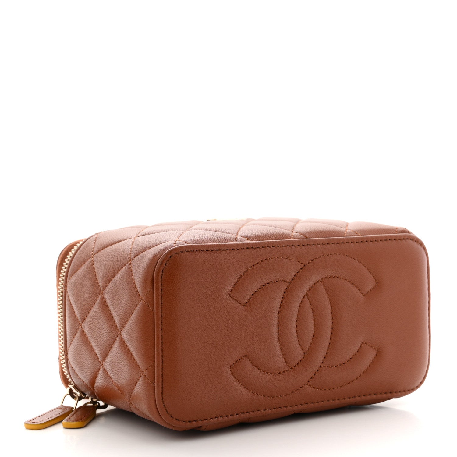 Chanel Lambskin Quilted Small Top Handle Vanity Case With Chain Light Brown Yellow