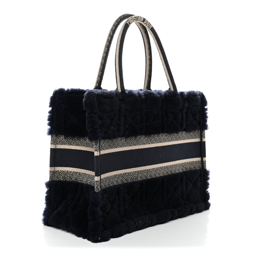 Christian Dior Shearling Cannage Medium Book Tote Deep Blue Natural
