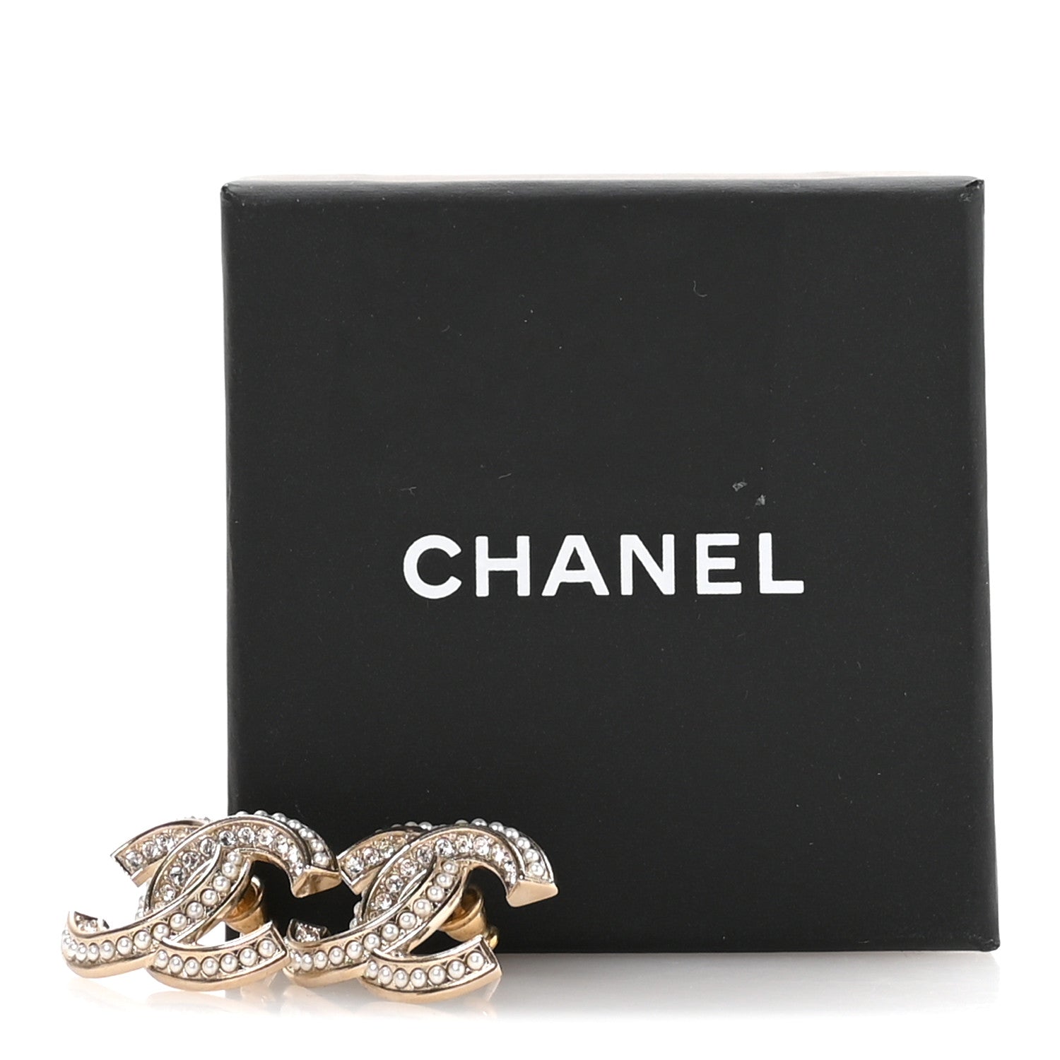 Crystal Pearl Chain Mania CC Earrings Gold