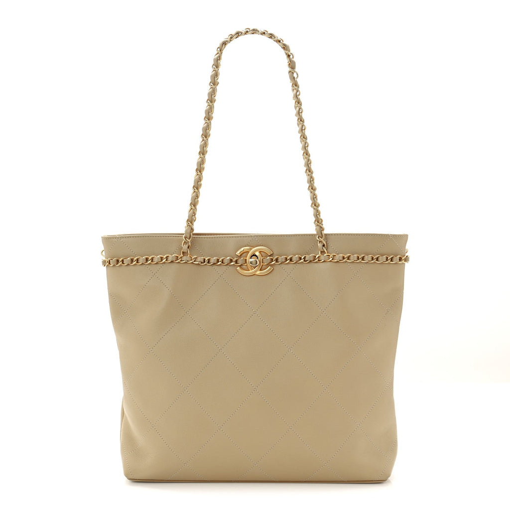 Chanel Calfskin Stitched Small Shopping Tote Dark Beige