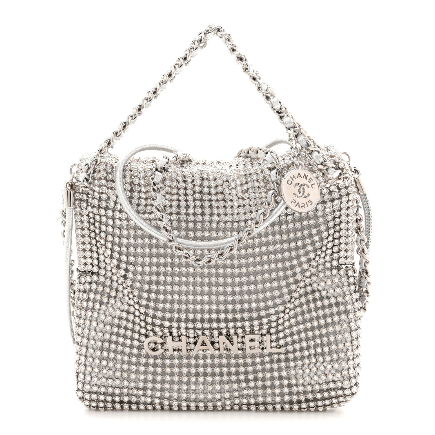 Chanel Crystal Embellished Metallic Lambskin Mini Chanel 22 Silver