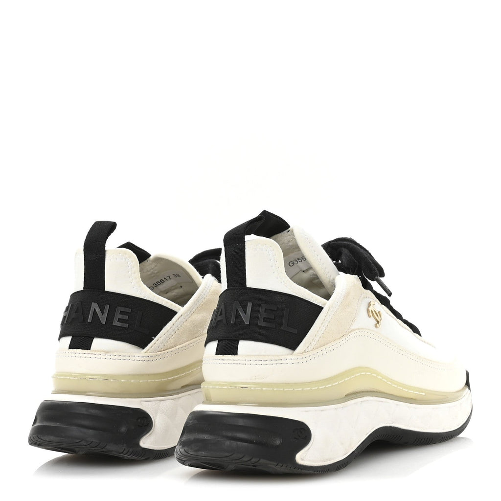 Chanel Velvet Calfskin Mixed Fibers CC Sneakers 38 Ivory Black