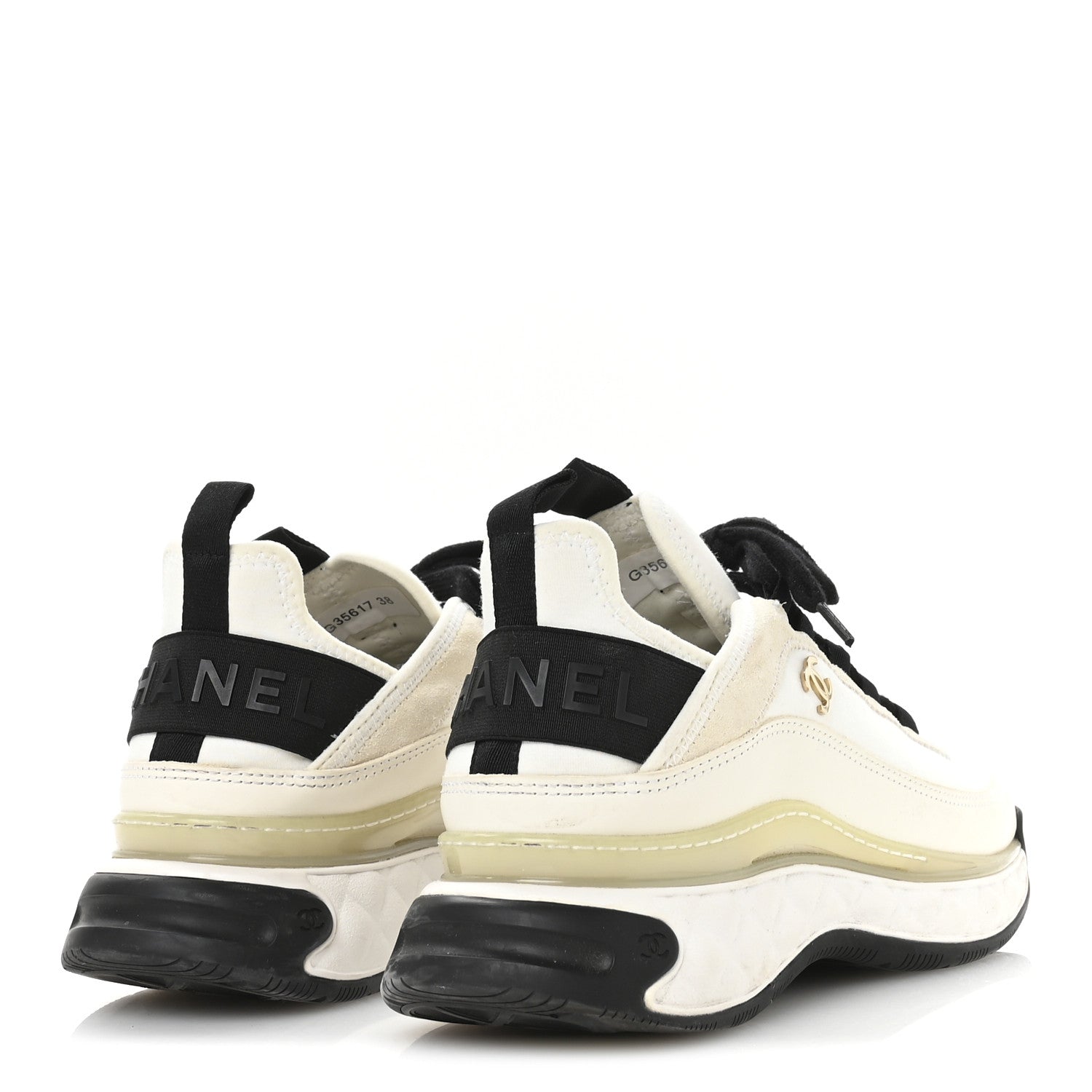 Chanel Velvet Calfskin Mixed Fibers CC Sneakers 38 Ivory Black