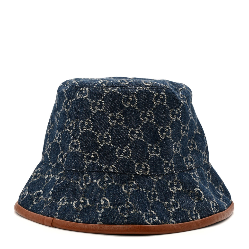 Gucci Washed Jacquard Denim Nappa GG Monogram Oscar Bucket Hat L Denim Cuir