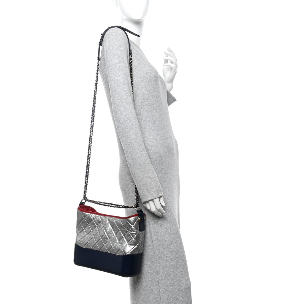 Chanel Metallic Aged Calfskin Quilted Medium Gabrielle Hobo Silver Navy Red