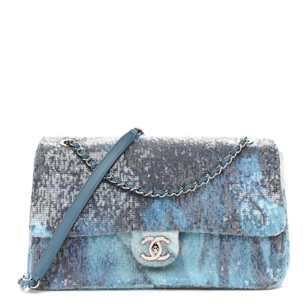 Chanel Sequin Large Waterfall Flap Light Blue