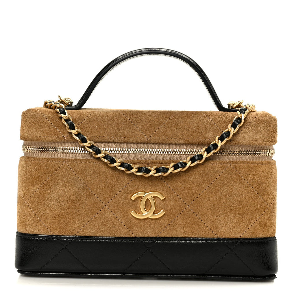 Chanel Suede Calfskin Shiny Lambskin Stitched Top Handle Slim Vanity With Chain Beige Black