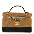 Chanel Suede Calfskin Shiny Lambskin Stitched Top Handle Slim Vanity With Chain Beige Black