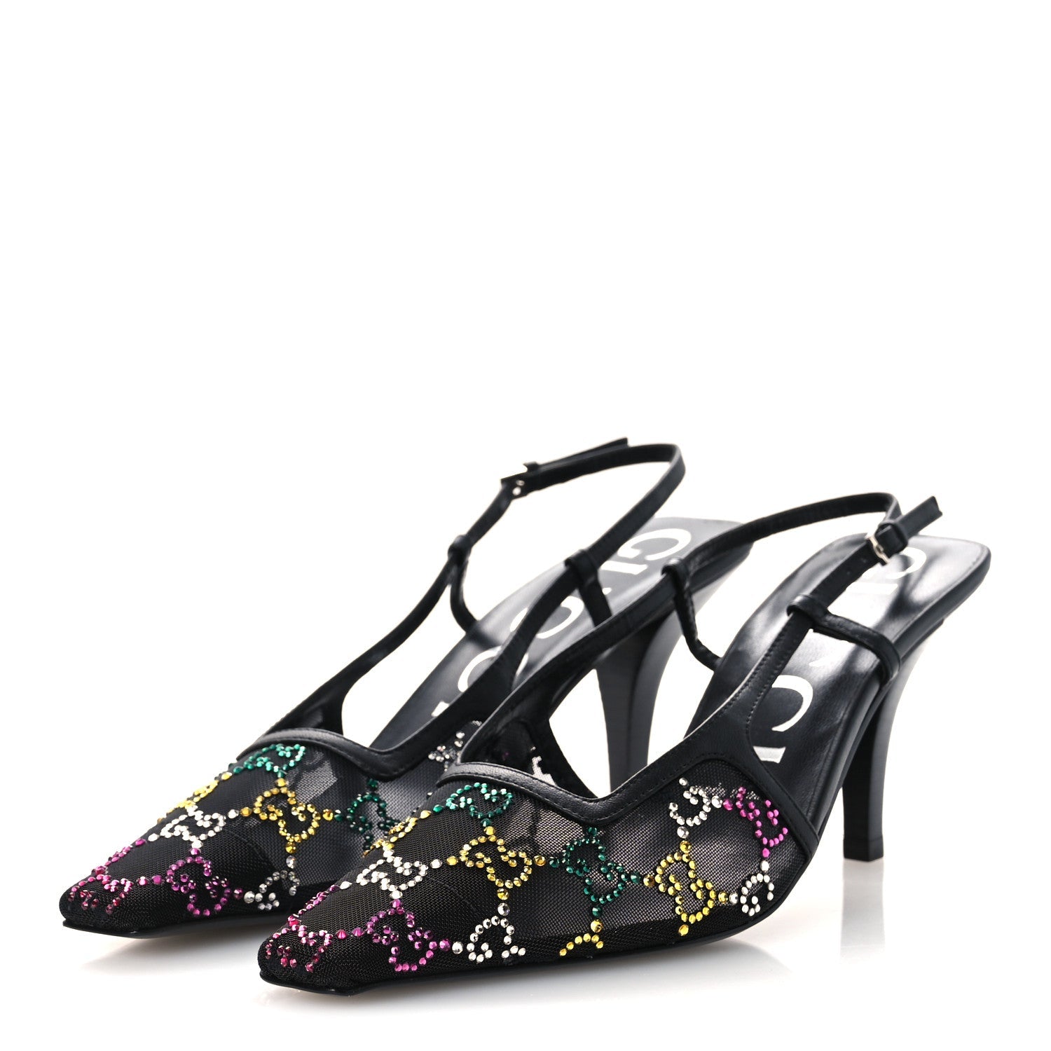 Gucci Tela Retino Nappa Charlotte Crystal GG Monogram Square G 75mm Slingback Pumps 37 Black