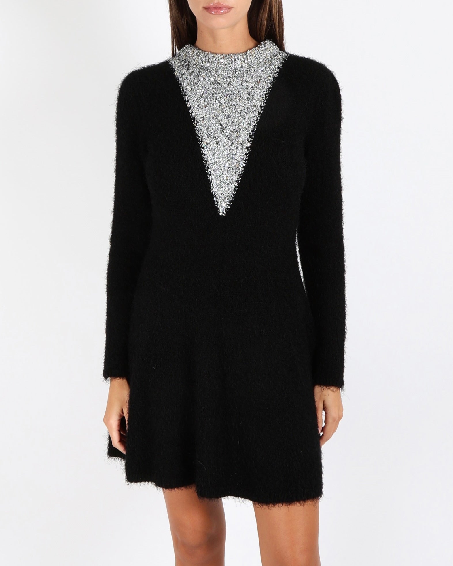 Chanel Black Silk and Cashmere Blend Long-Sleeved Mini Dress with Silver Sequin Embellished Neckline and Back Crystal CC Logo Size FR 38 (UK 10)