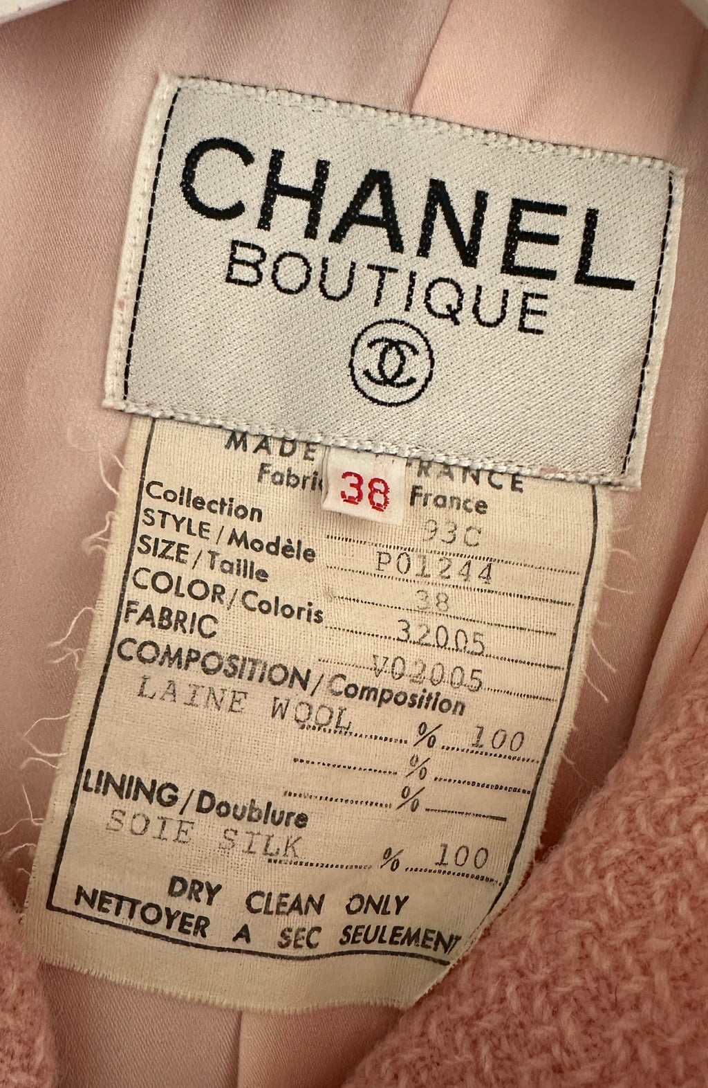 Chanel 93C Pink Tweed Skirt and Jacket Set with Logo Buttons and Pocket Detail FR 38 (UK 10)
