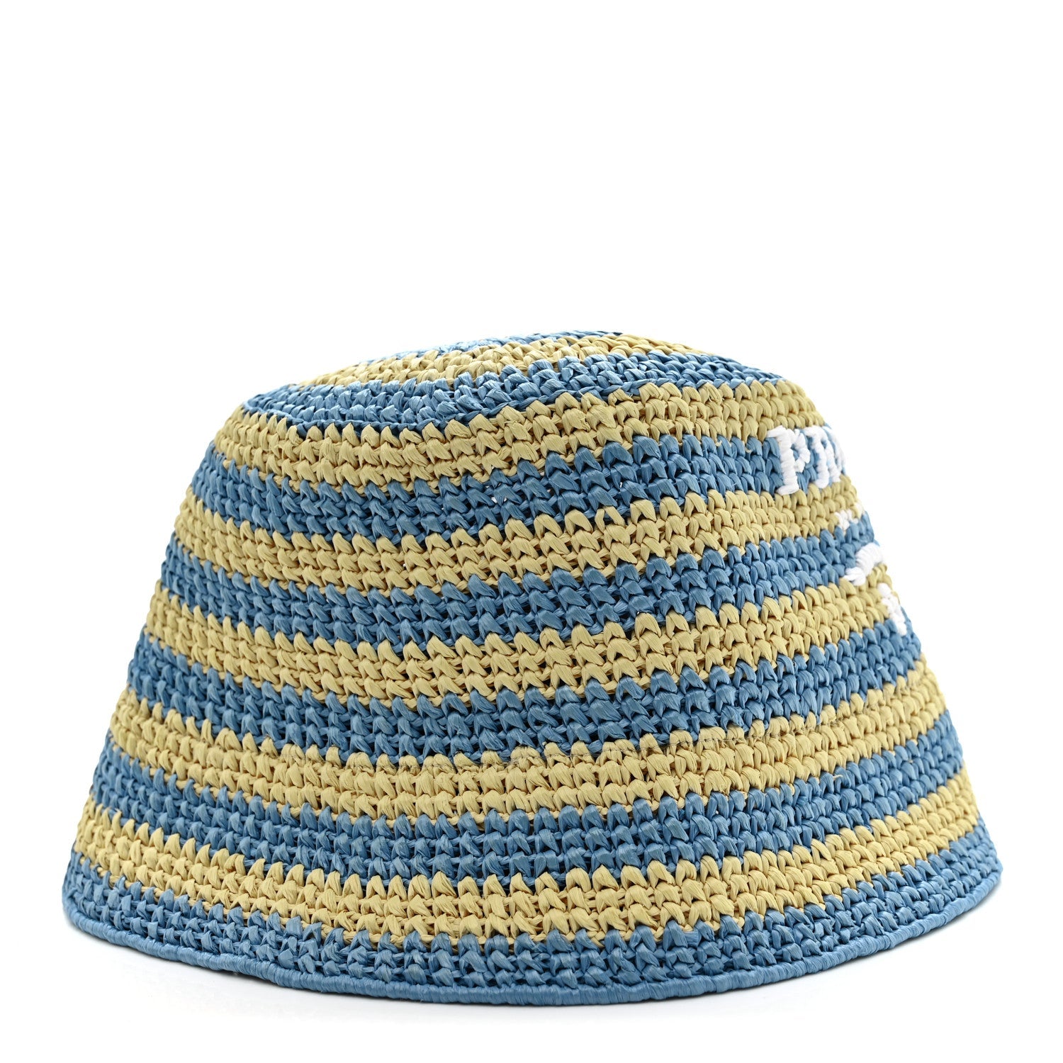 Prada Raffia Striped Logo Embroidered Womens Bucket Hat M Naturale Cielo