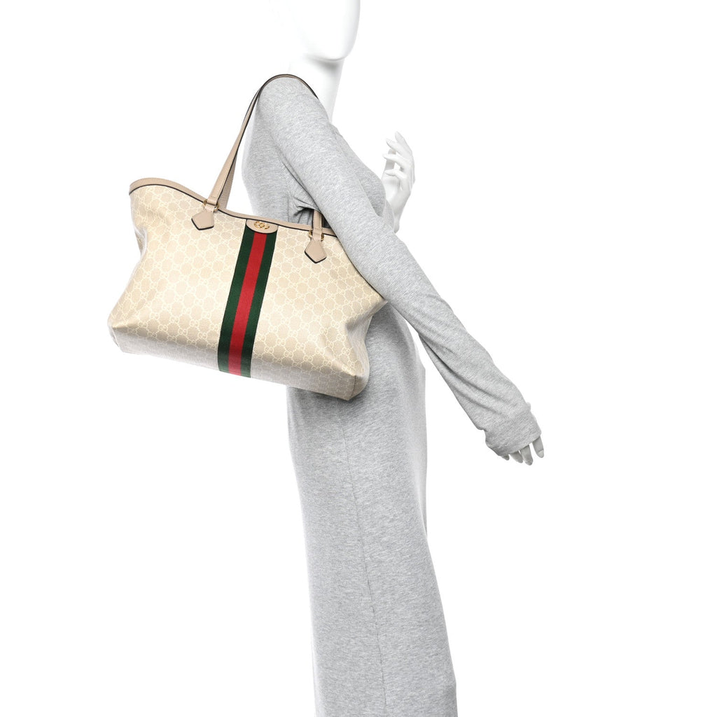 Gucci GG Supreme Monogram Textured Dollar Calfskin Web Medium Ophidia Shopping Tote Beige Mystic White Oatmeal