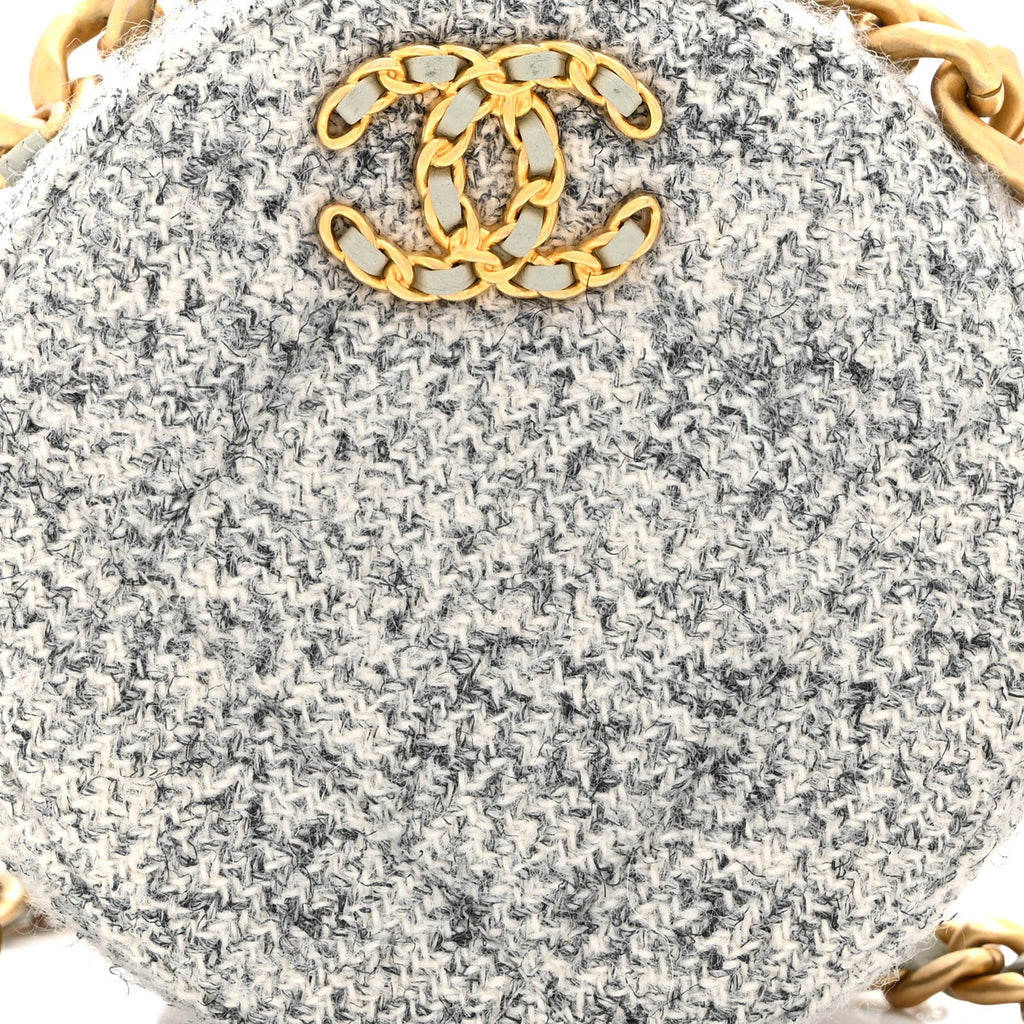 Chanel Wool Tweed Lambskin Quilted Chanel 19 Round Clutch With Chain Grey Ecru