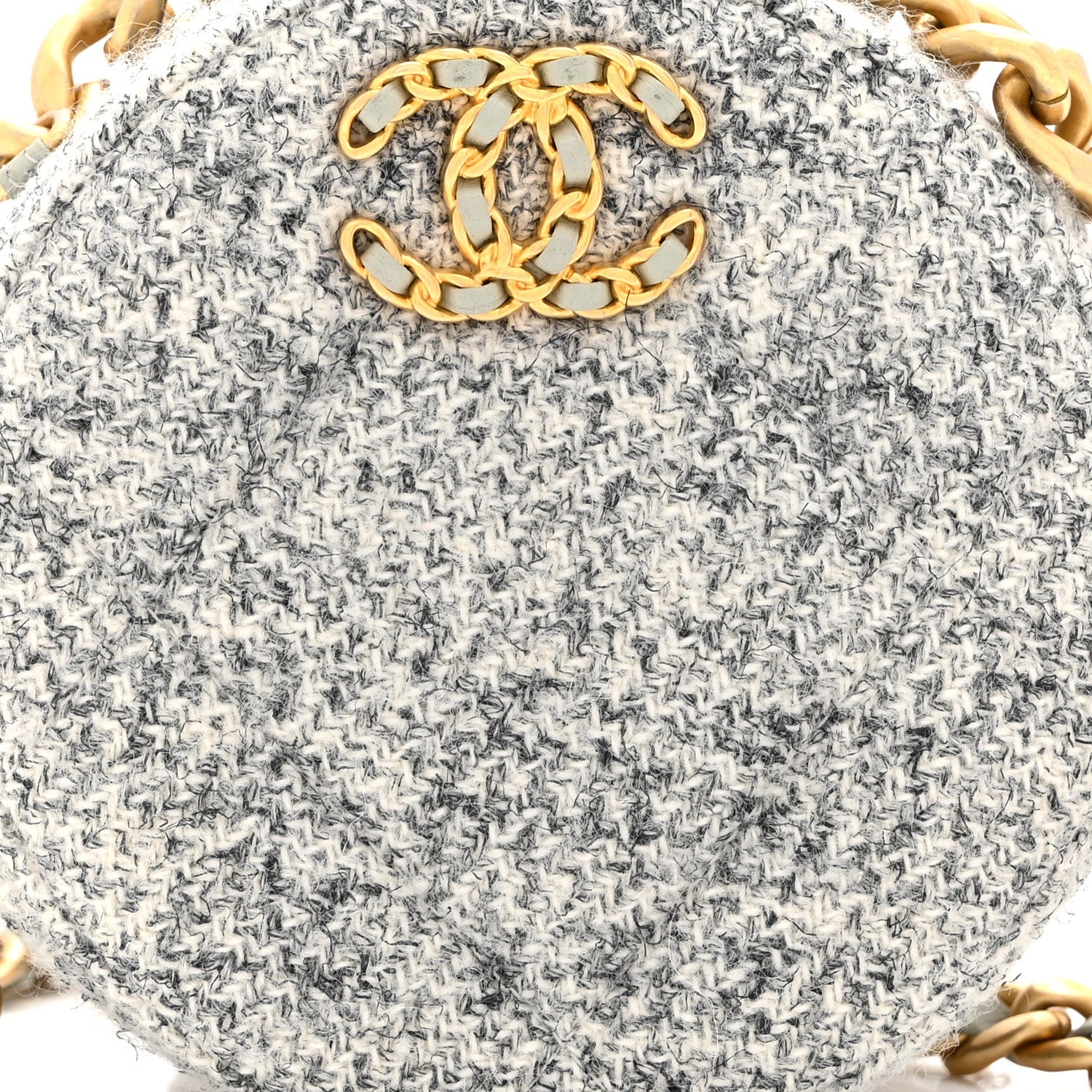 Chanel Wool Tweed Lambskin Quilted Chanel 19 Round Clutch With Chain Grey Ecru