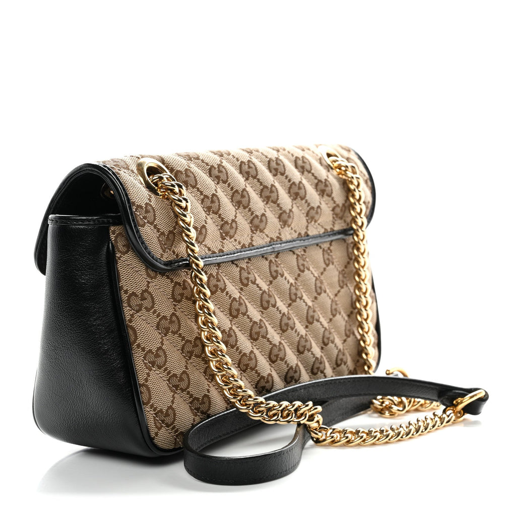 Gucci Monogram Matelasse Diagonal Small GG Marmont Shoulder Bag Beige Black