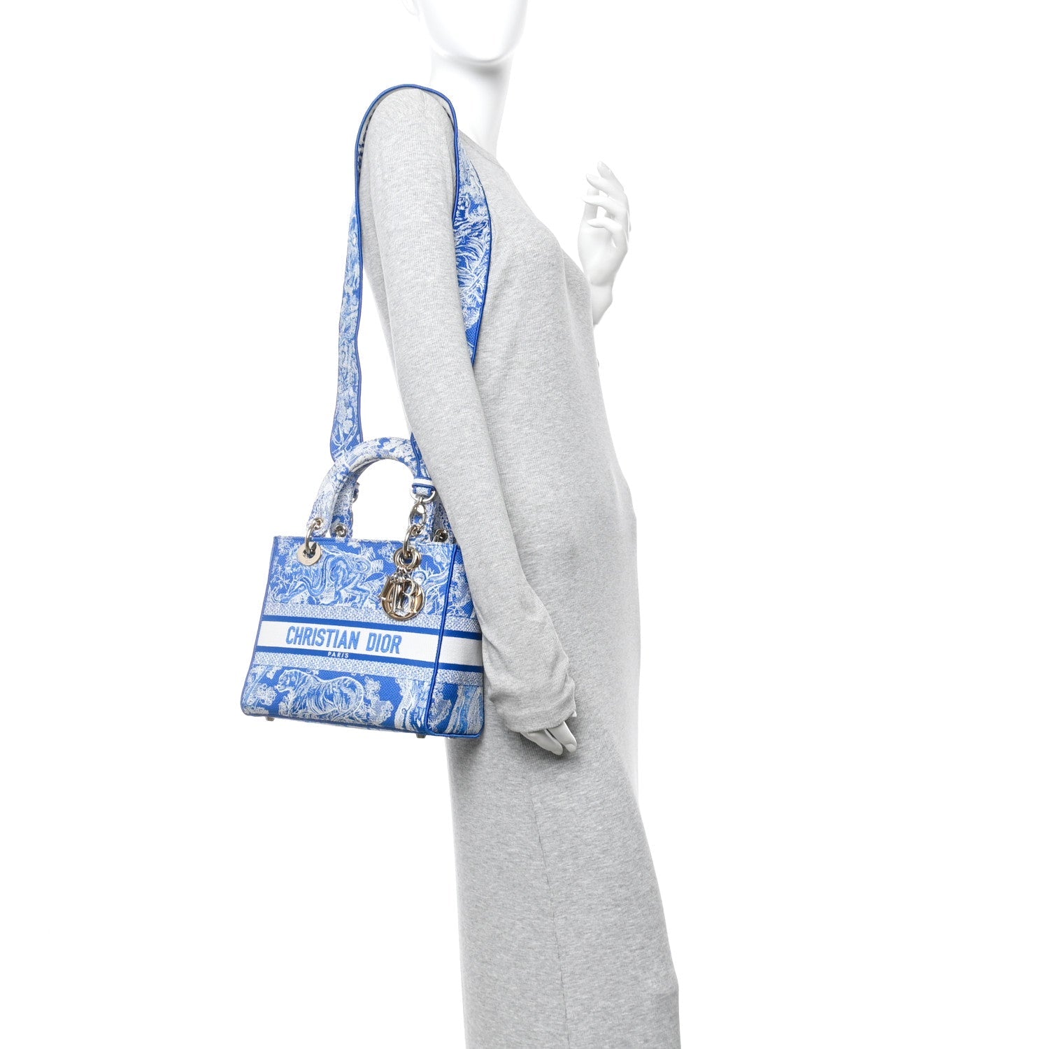 Christian Dior Canvas Toile De Jouy Reverse Embroidered Medium Lady D-Lite Fluorescent Blue