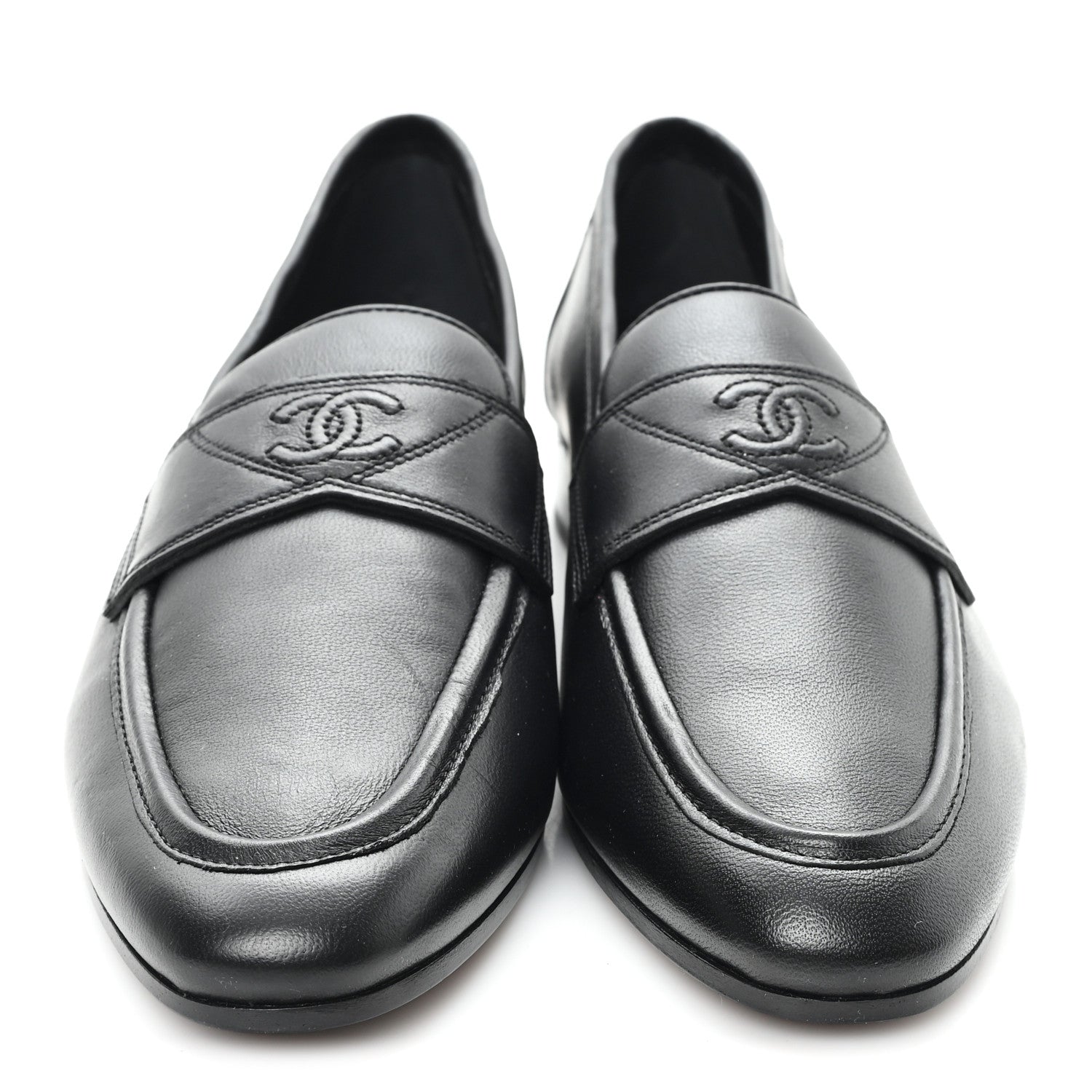 Calfskin Womens Stitched CC Loafers 38 Black