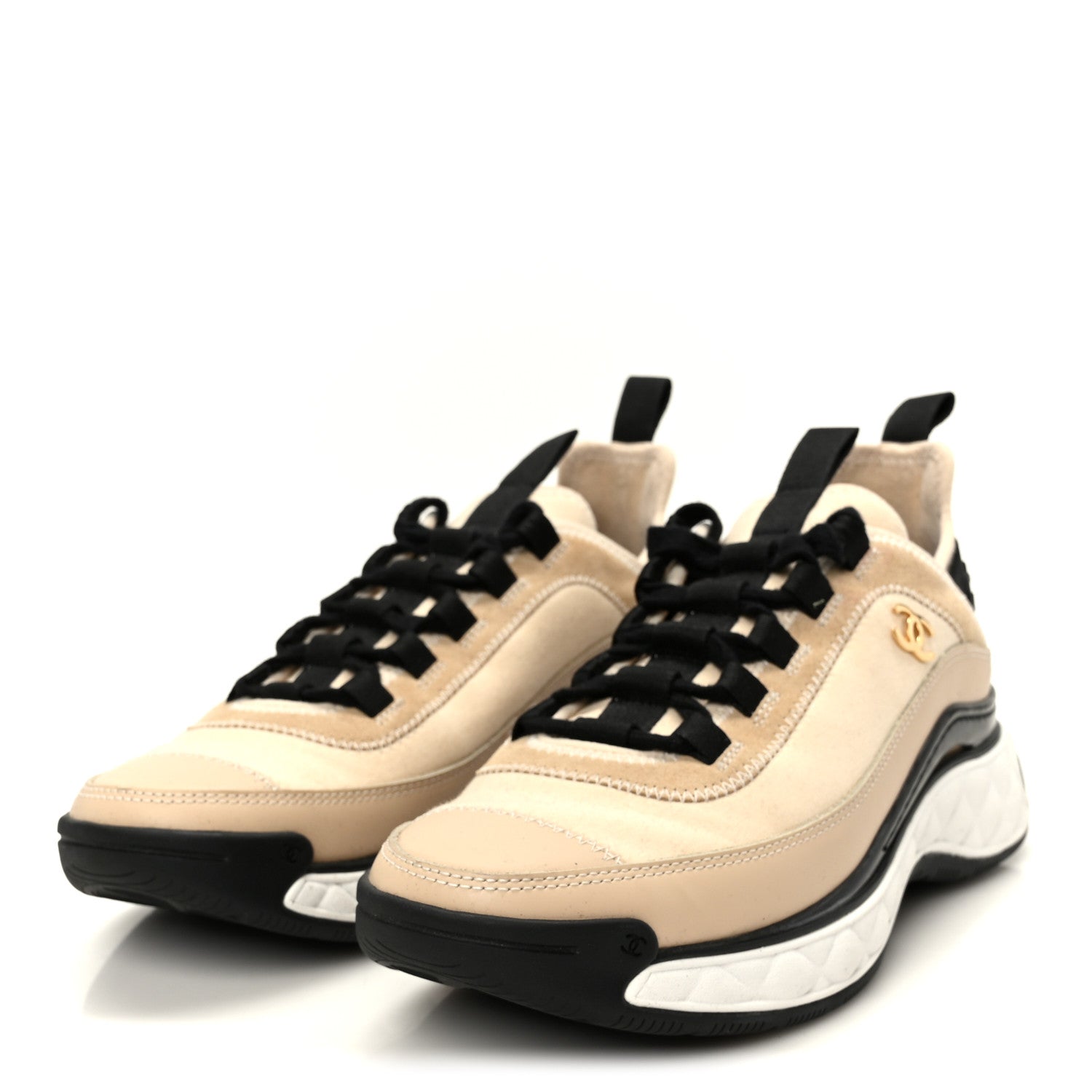 Chanel Velvet Calfskin Mixed Fibers CC Sneakers 37.5 Beige