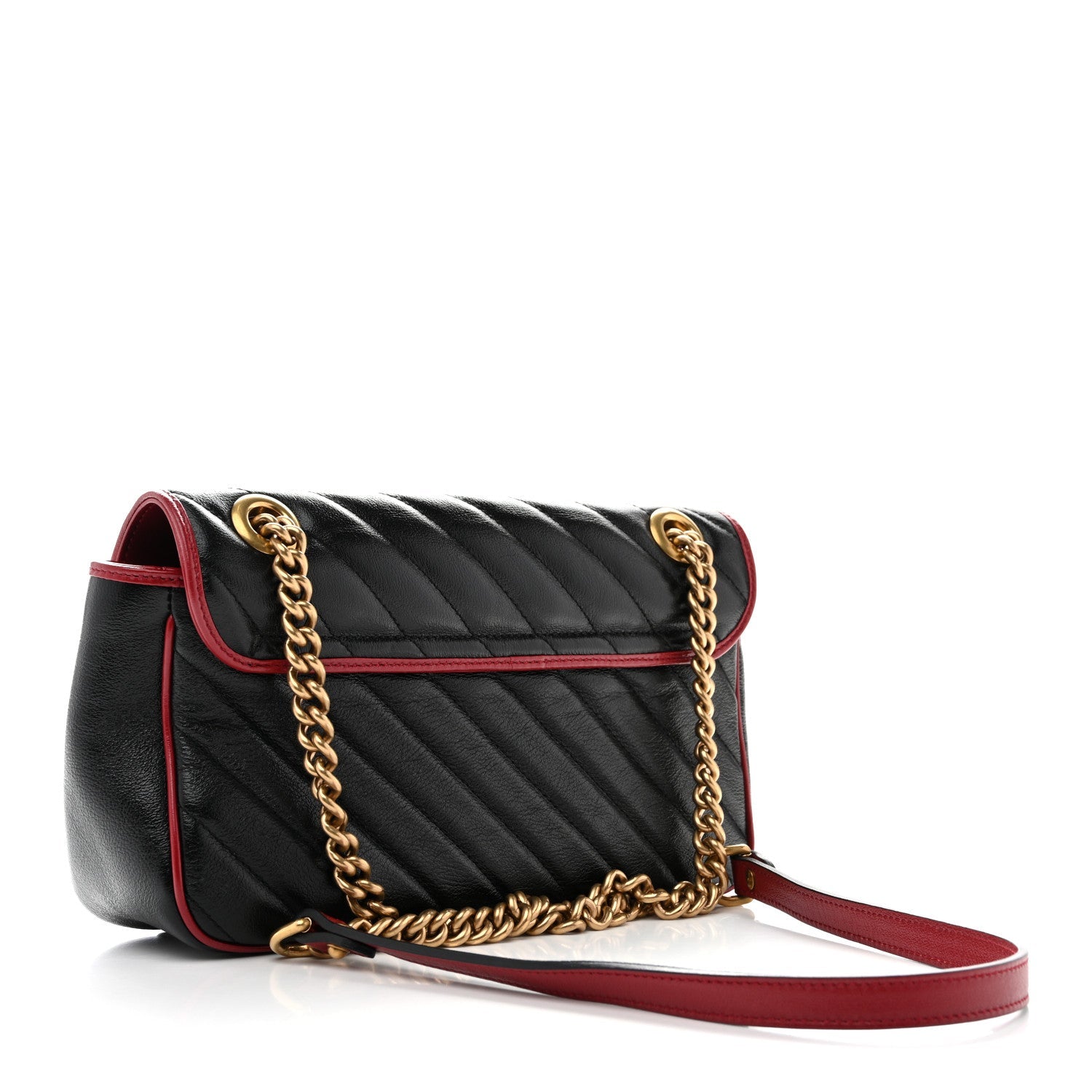 Gucci Vintage Effect Calfskin Matelasse Diagonal Small Torchon GG Marmont Shoulder Bag Black Romantic Cherry