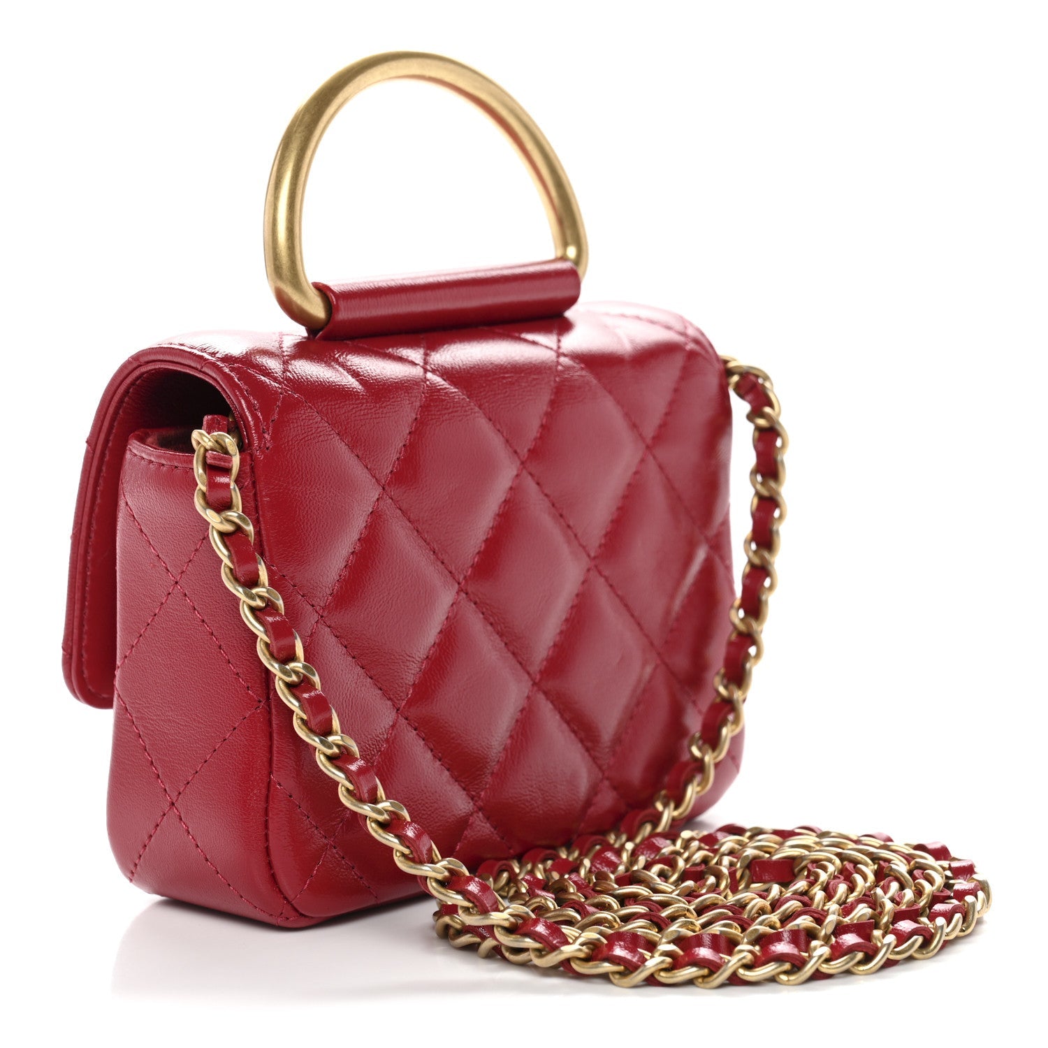Chanel Shiny Lambskin Quilted Mini Metal Top Handle Clutch With Chain  Red