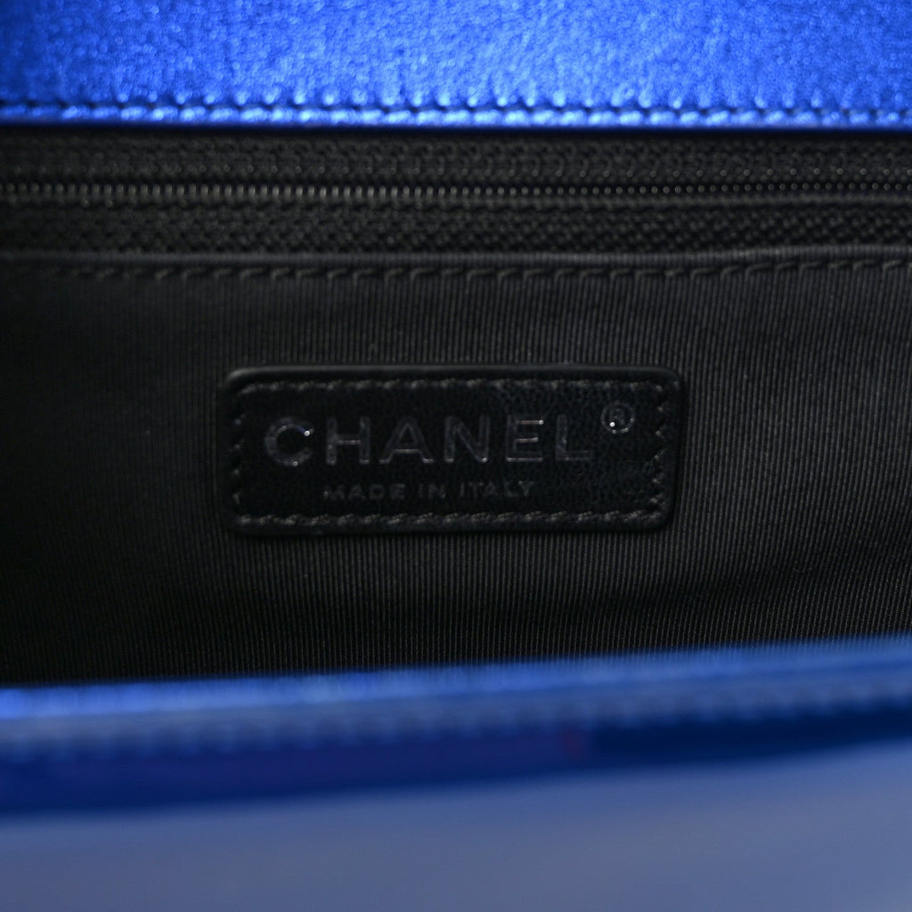 Chanel Metallic Patent Quilted New Medium Boy Flap Blue