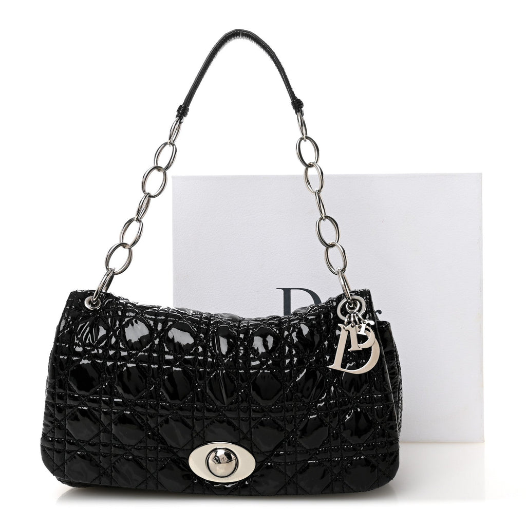 Christian Dior Patent Lambskin Cannage Rendezvous Flap Black