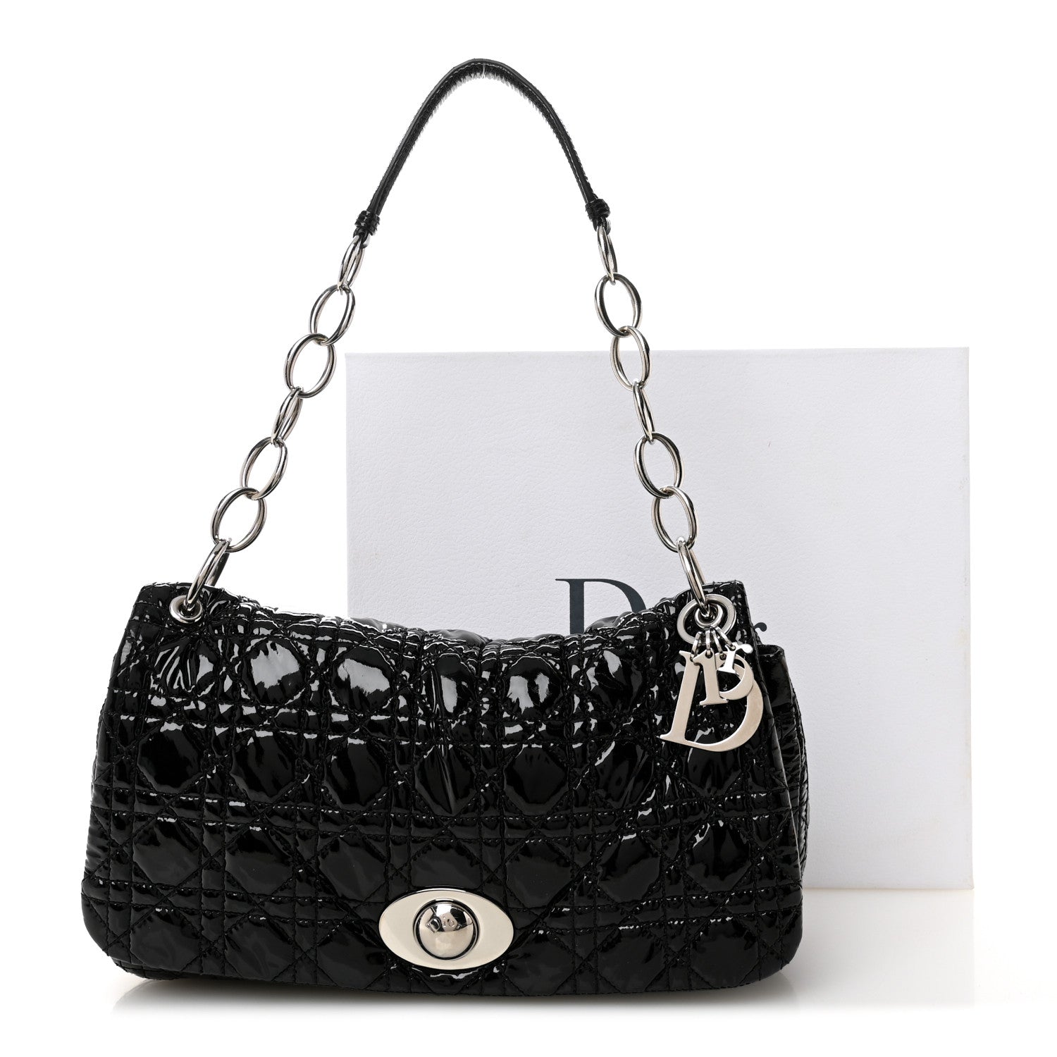 Christian Dior Patent Lambskin Cannage Rendezvous Flap Black