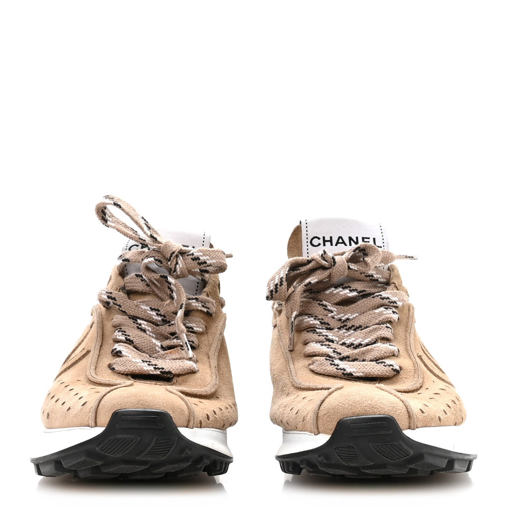 Chanel Suede Goatskin CC Sneakers 36 Dark Beige
